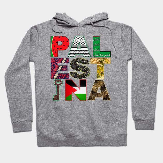 PALESTINA- Watermelon - Keffiyeh - Palestine Will Be Free - Palestine Fabric - Olives - Hummus - Key of Return - Palestine Flag - Za'atar - Front Hoodie by SubversiveWare